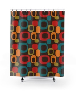 Burnt Orange and Teal Blue Groovy Geometric Retro Shower Curtain for Mid Century Modern Bath Decor