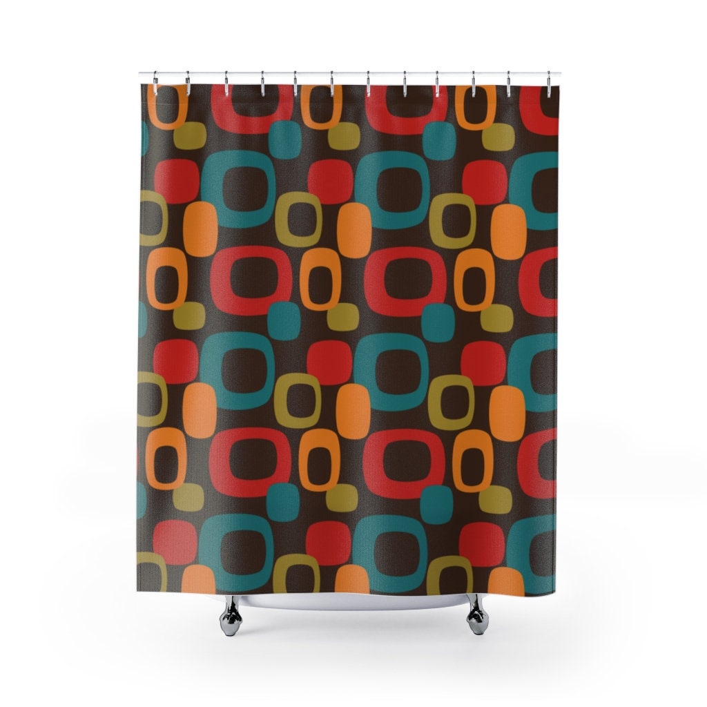 Burnt Orange and Teal Blue Groovy Geometric Retro Shower Curtain for Mid Century Modern Bath Decor