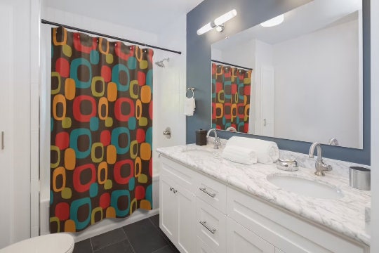 Burnt Orange and Teal Blue Groovy Geometric Retro Shower Curtain for Mid Century Modern Bath Decor - Image 2