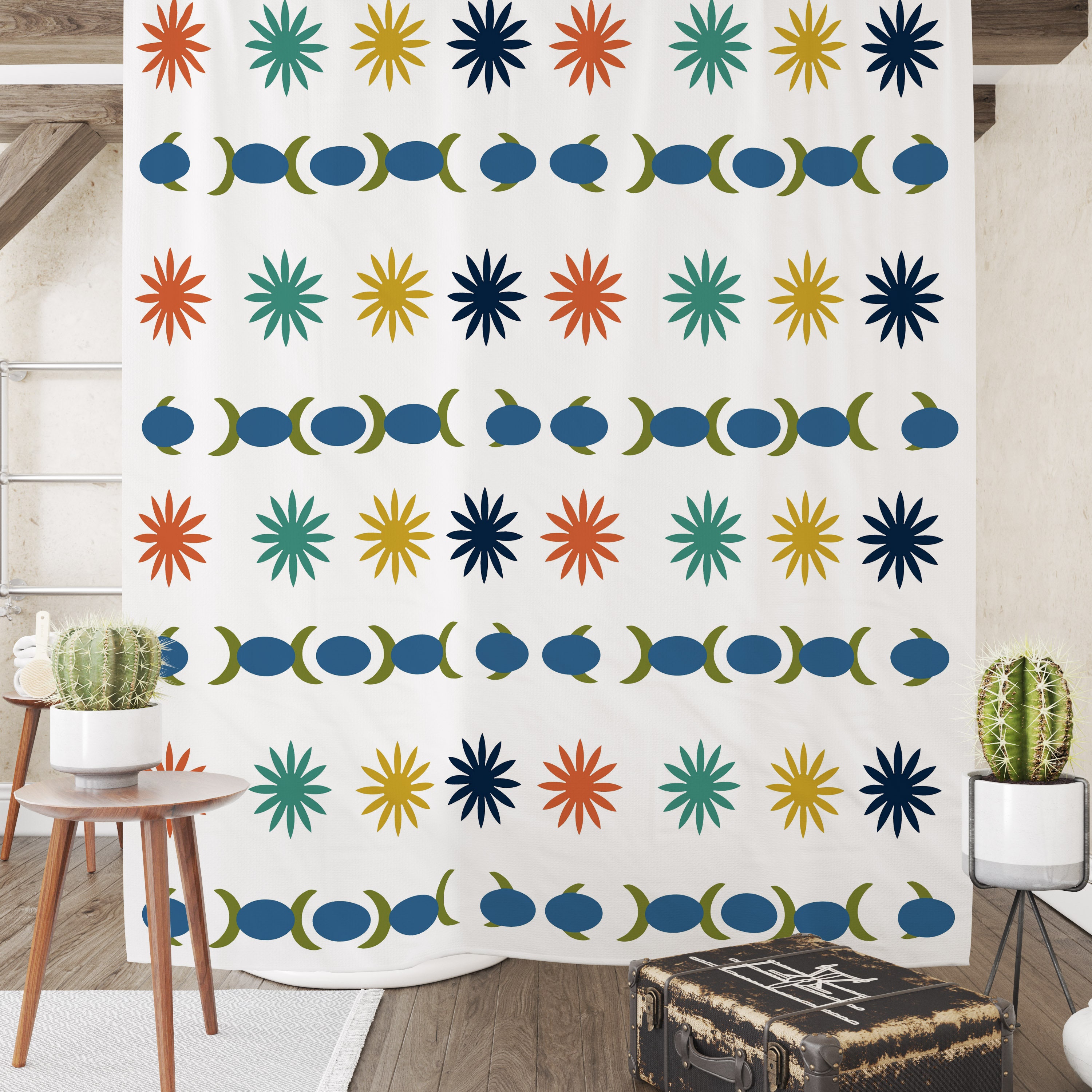 Burst Pattern Mid Century Modern Shower Curtain - Optional Set Available