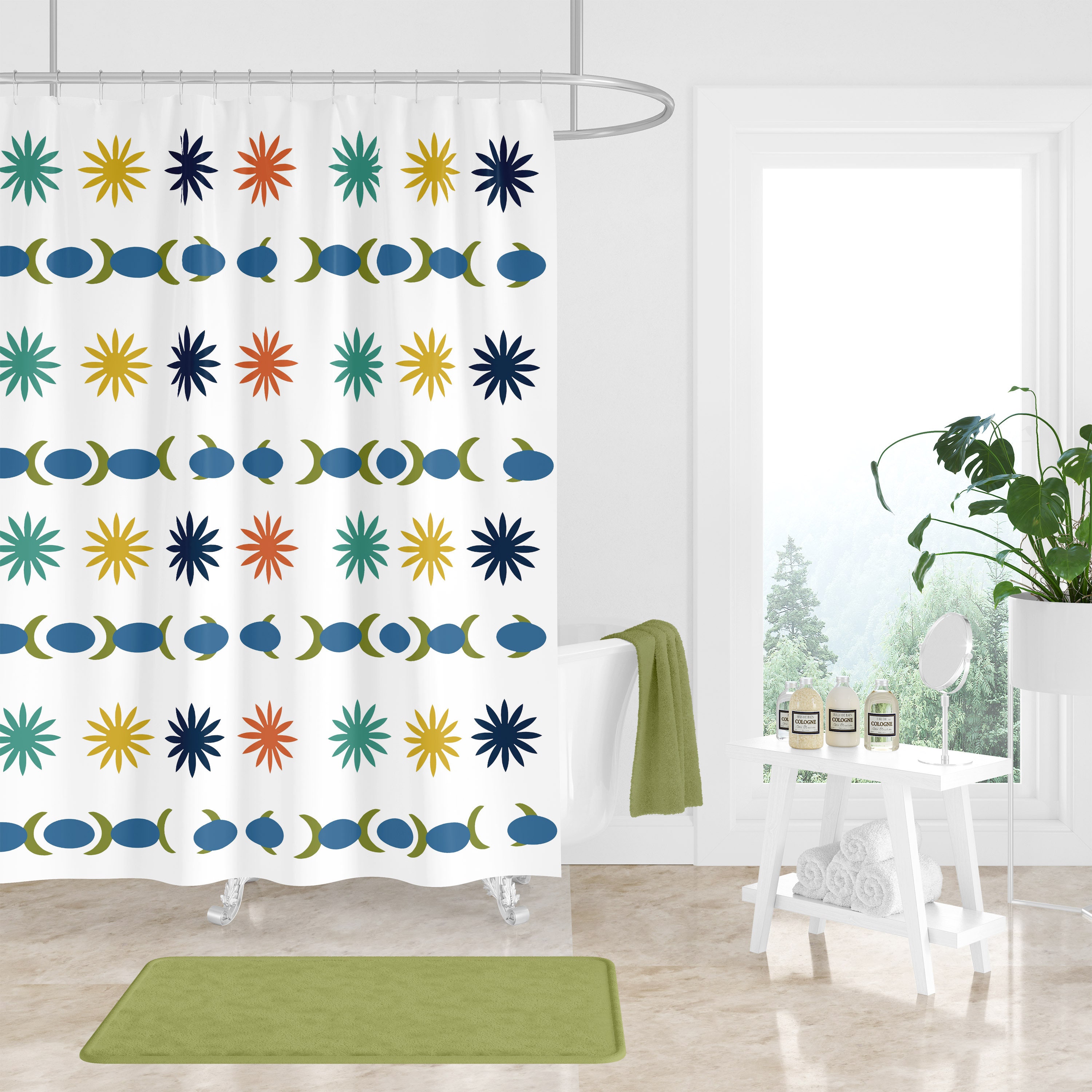 Burst Pattern Mid Century Modern Shower Curtain - Optional Set Available - Image 3