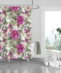 Butterfly Rose Floral Shower Curtain - Pretty Bath Curtain with Matching Towels and Mat for Feminine Bathroom Decor