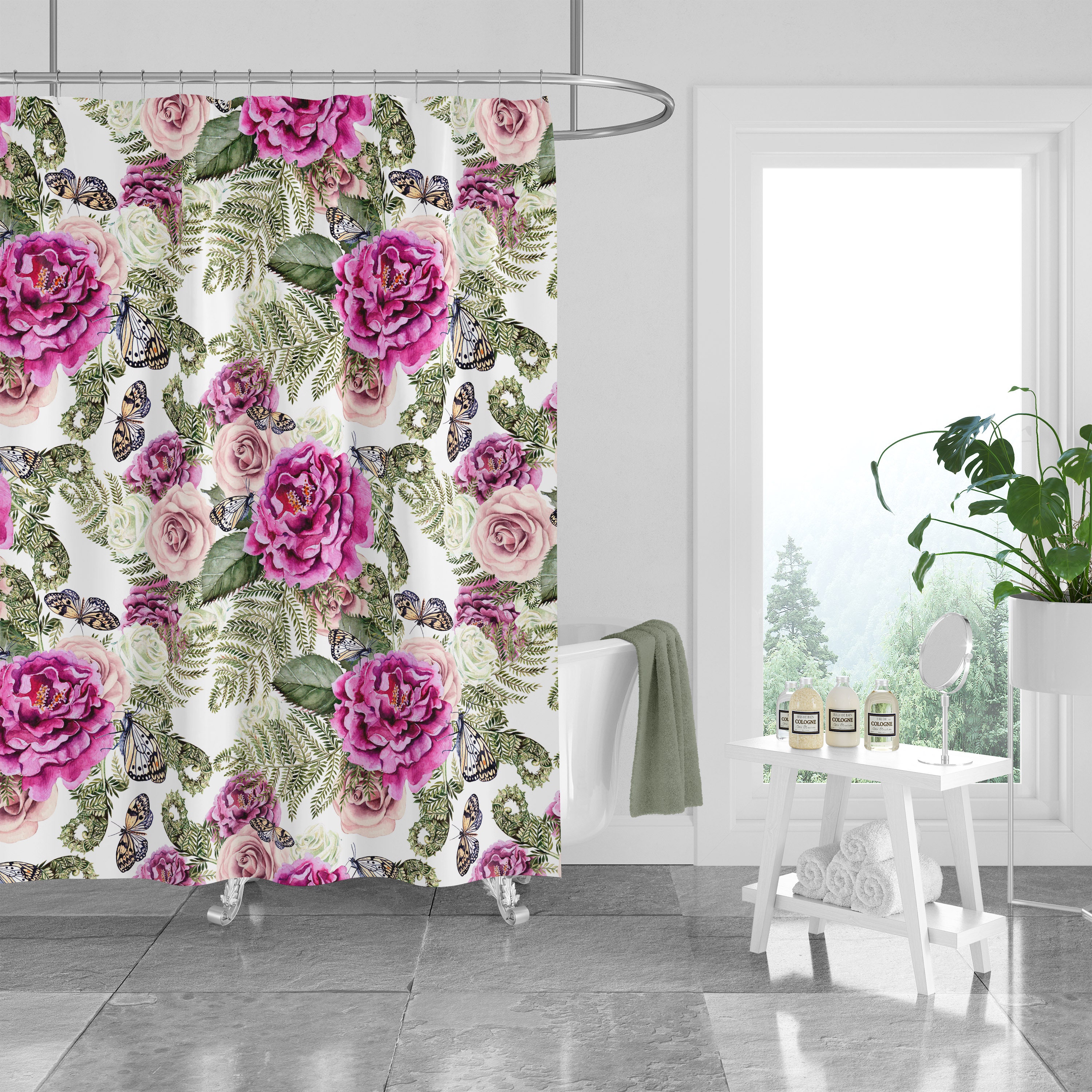 Butterfly Rose Floral Shower Curtain - Pretty Bath Curtain with Matching Towels and Mat for Feminine Bathroom Decor