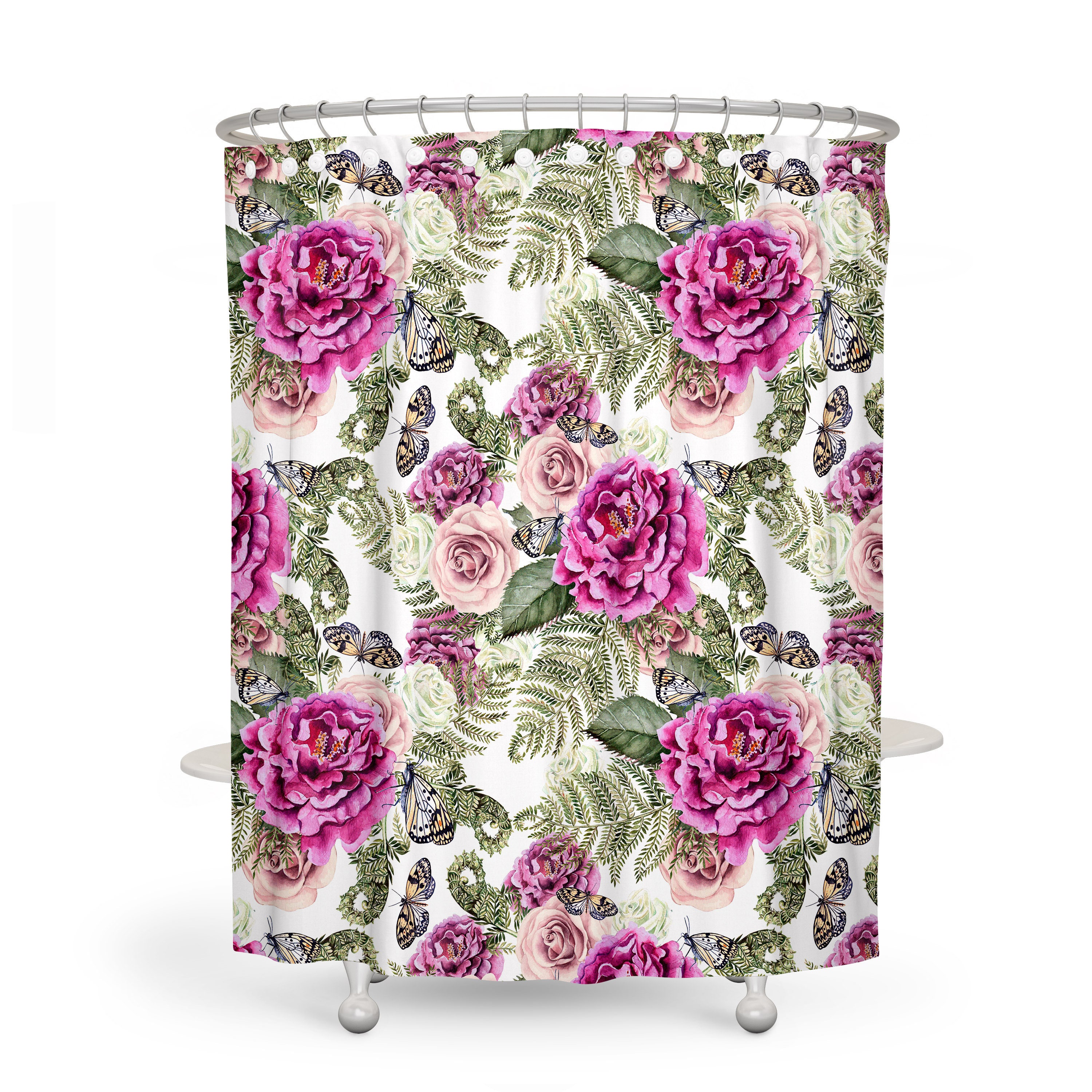 Butterfly Rose Floral Shower Curtain - Pretty Bath Curtain with Matching Towels and Mat for Feminine Bathroom Decor - Image 2