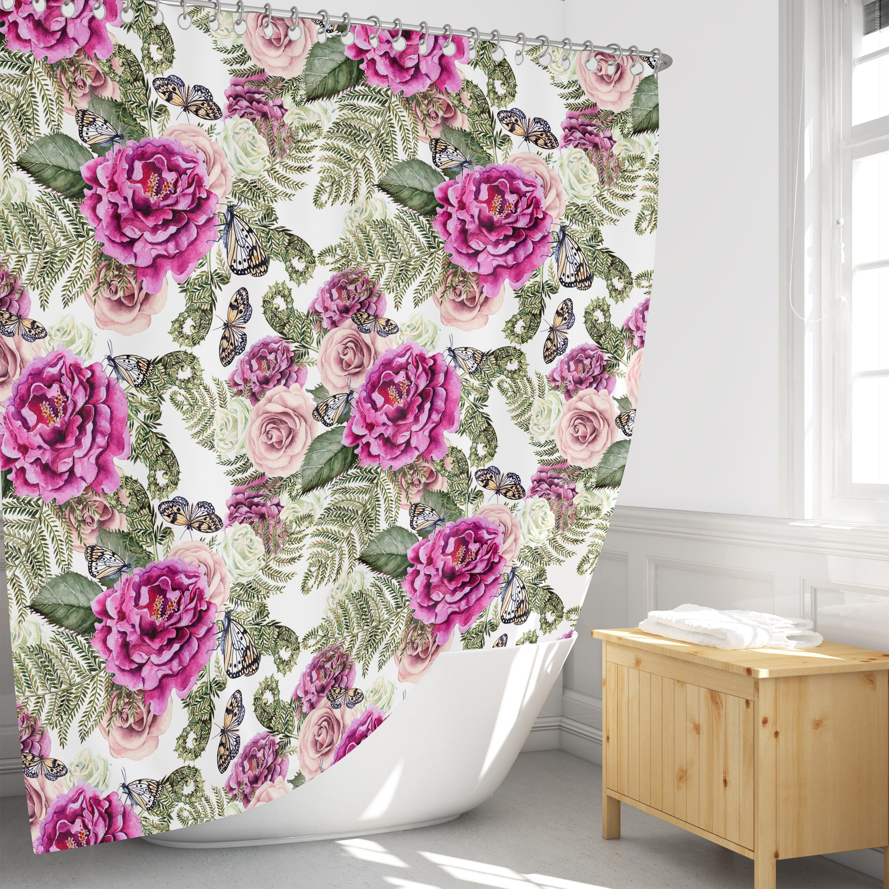 Butterfly Rose Floral Shower Curtain - Pretty Bath Curtain with Matching Towels and Mat for Feminine Bathroom Decor - Image 3
