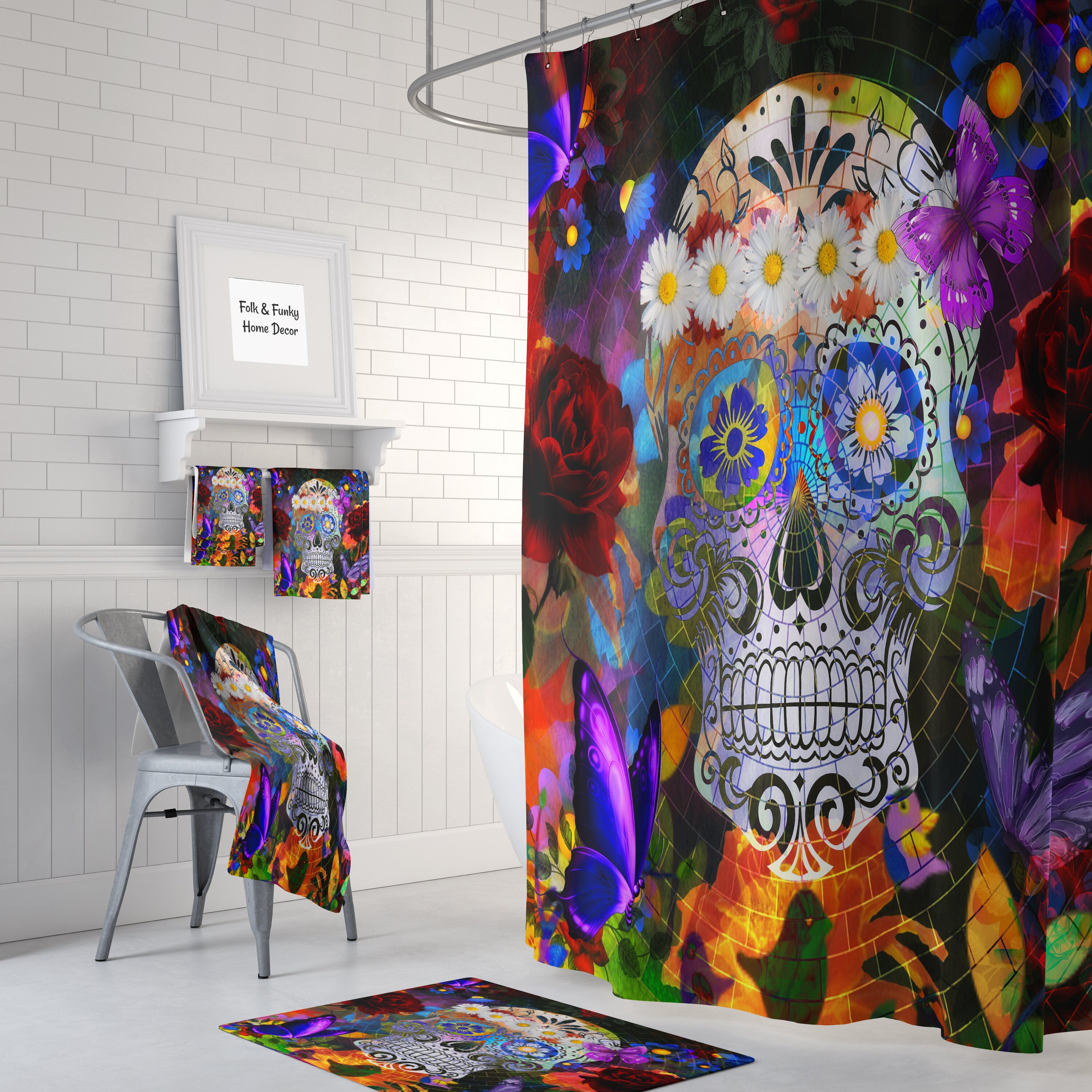 Butterfly Sugar Skull Mosaic Shower Curtain and Bath Set for Your Restroom