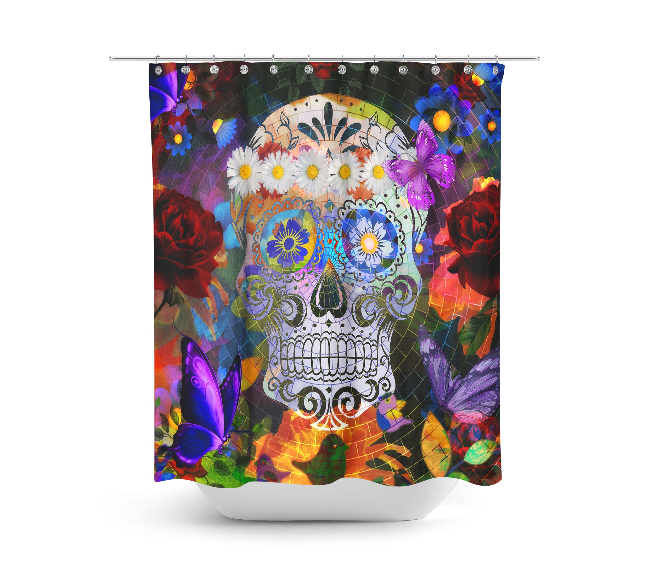 Butterfly Sugar Skull Mosaic Shower Curtain and Bath Set for Your Restroom - Image 2