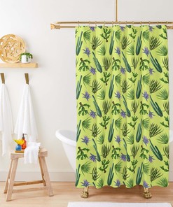 Cactus Desert Shower Curtain | Purple Flowers Green Leaves | Floral Plant Fabric Bathroom Curtain Set