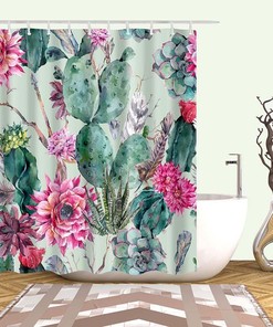Cactus Pink Flowers Desert Plants Shower Curtain, Green Cacti Flora Botanical Fabric Bathroom Curtain Bath Curtain