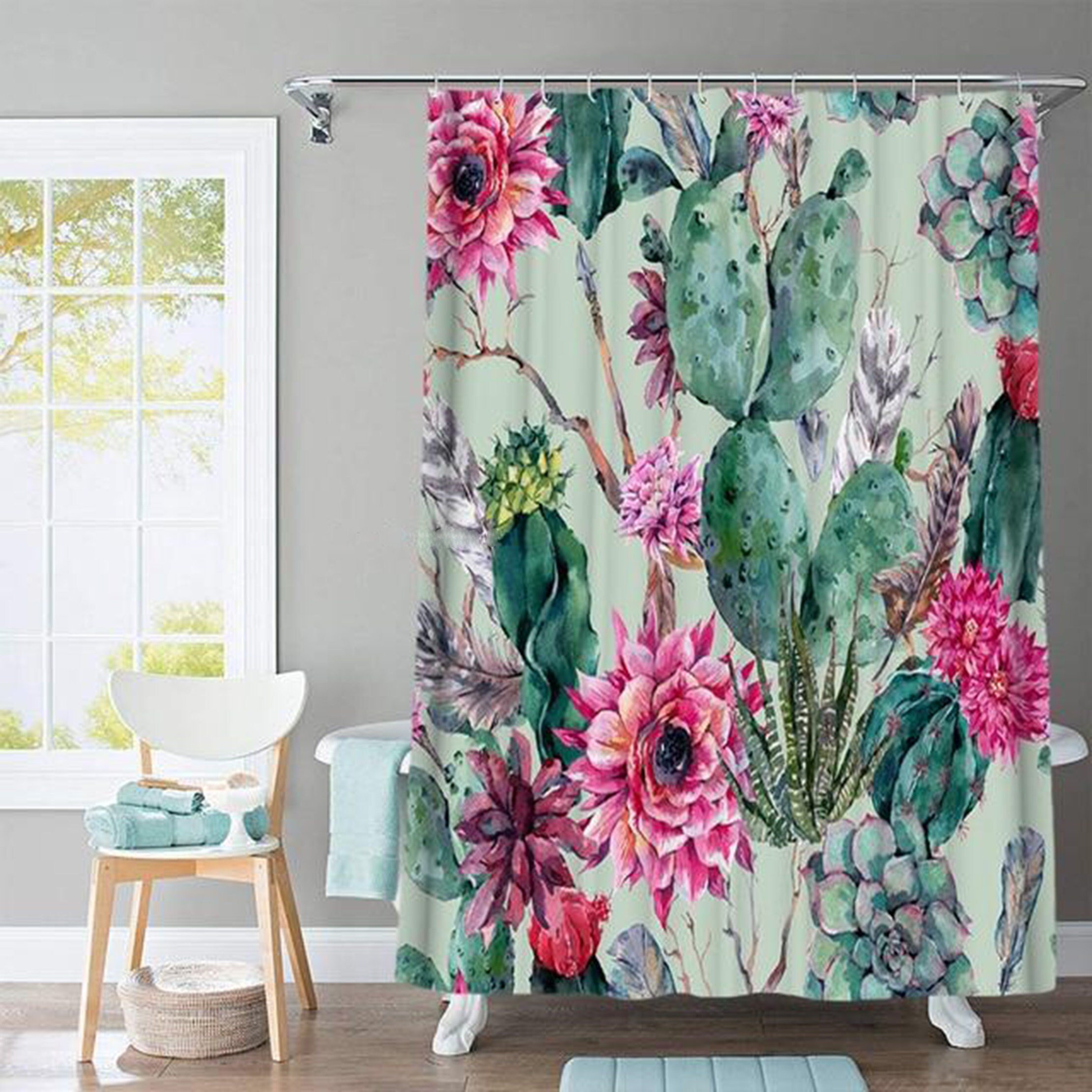 Cactus Pink Flowers Desert Plants Shower Curtain, Green Cacti Flora Botanical Fabric Bathroom Curtain Bath Curtain - Image 2