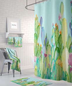 Cactus Shower Curtain Set with Pastel Watercolor Succulent Bathroom Decor