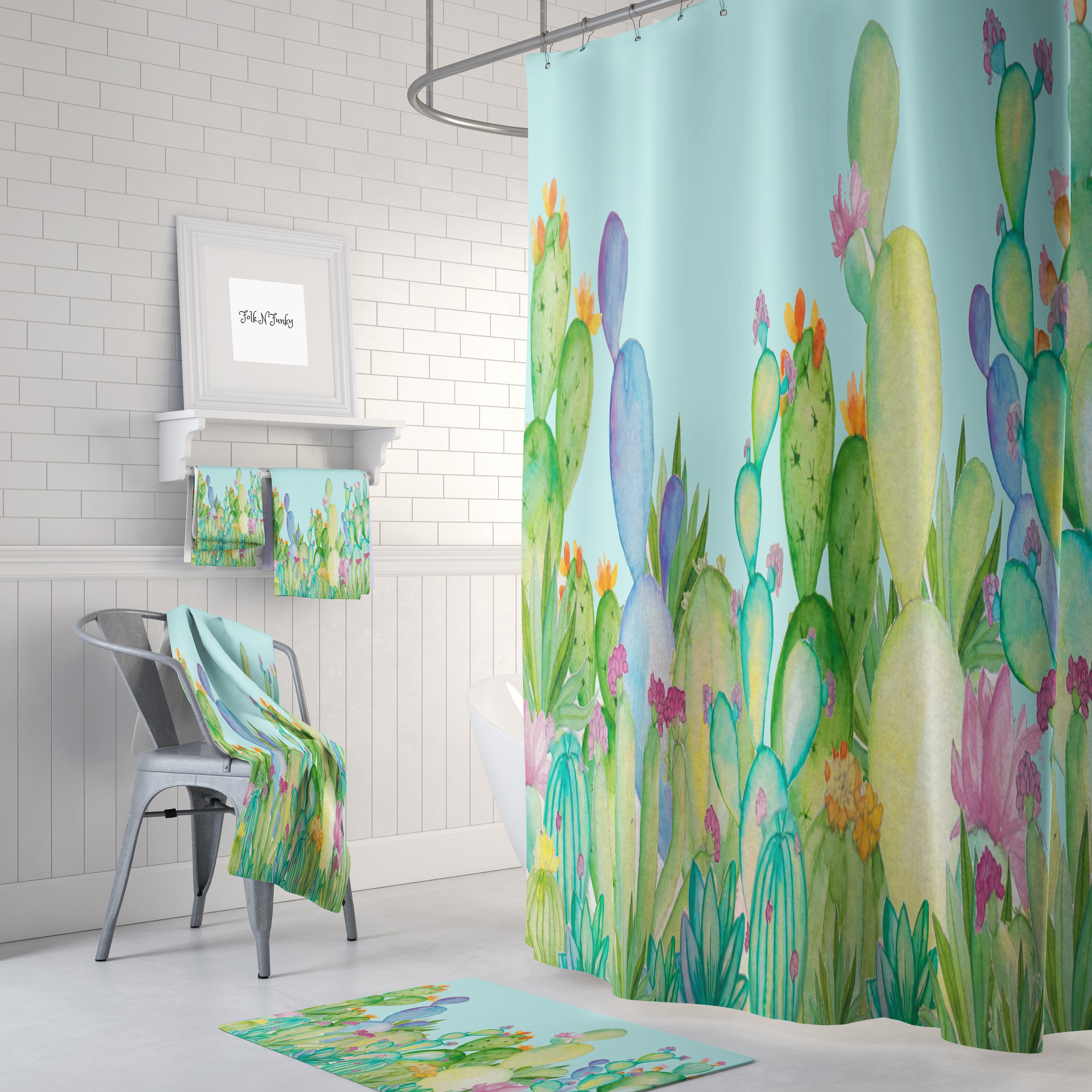 Cactus Shower Curtain Set with Pastel Watercolor Succulent Bathroom Decor