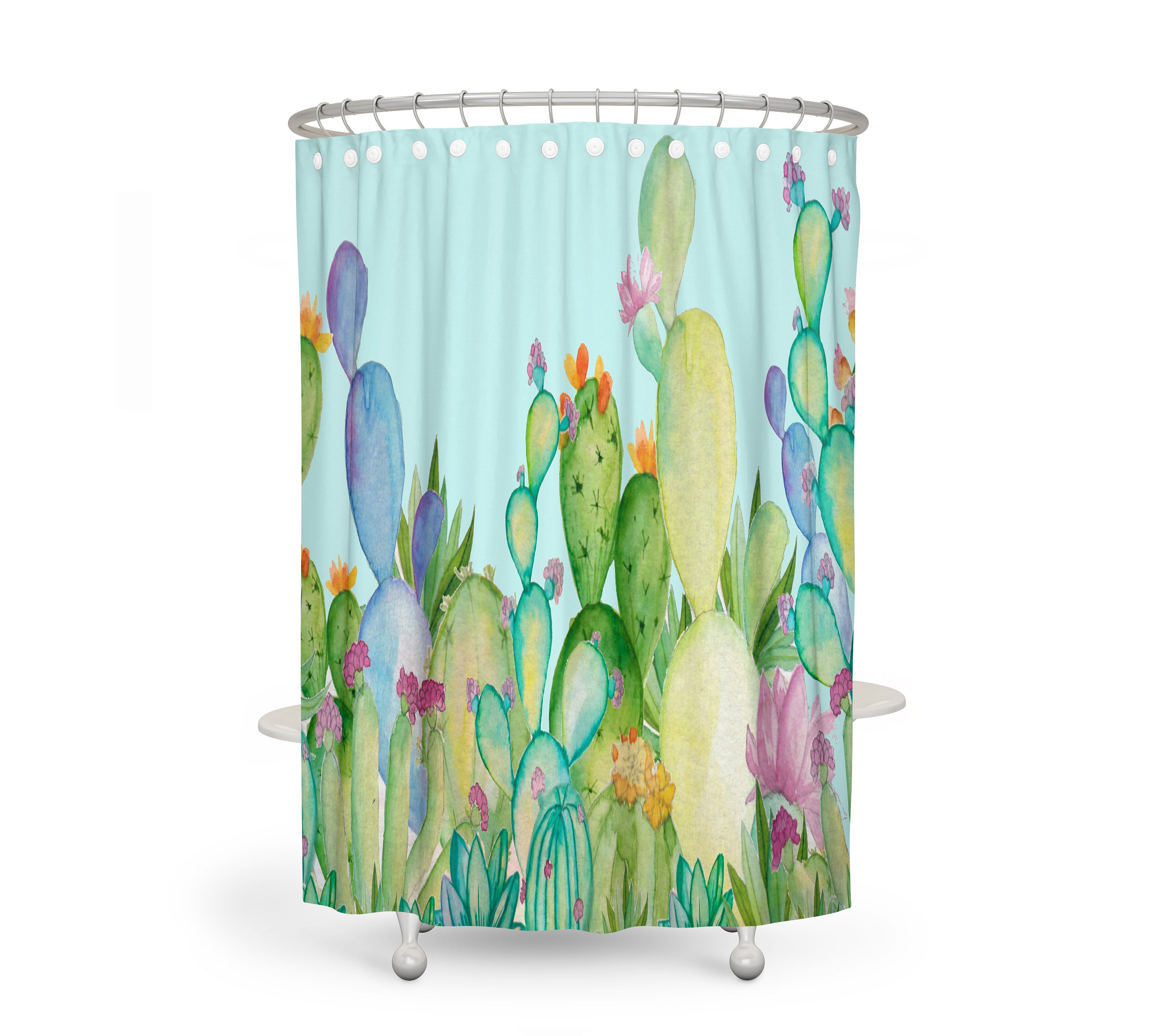 Cactus Shower Curtain Set with Pastel Watercolor Succulent Bathroom Decor - Image 2