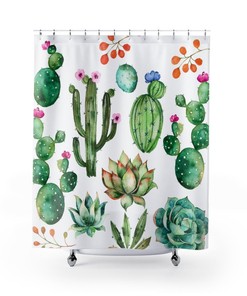 Cactus Shower Curtain - Succulent Bath Curtain with Cute and Quirky Cactus Bathroom Decor for a Farmhouse Touch