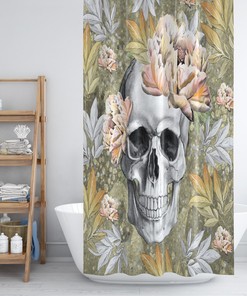 Calavera Floral Skull Shower Curtain - Mexican Bath Curtain with Matching Towels and Mat for Bold Bathroom Decor
