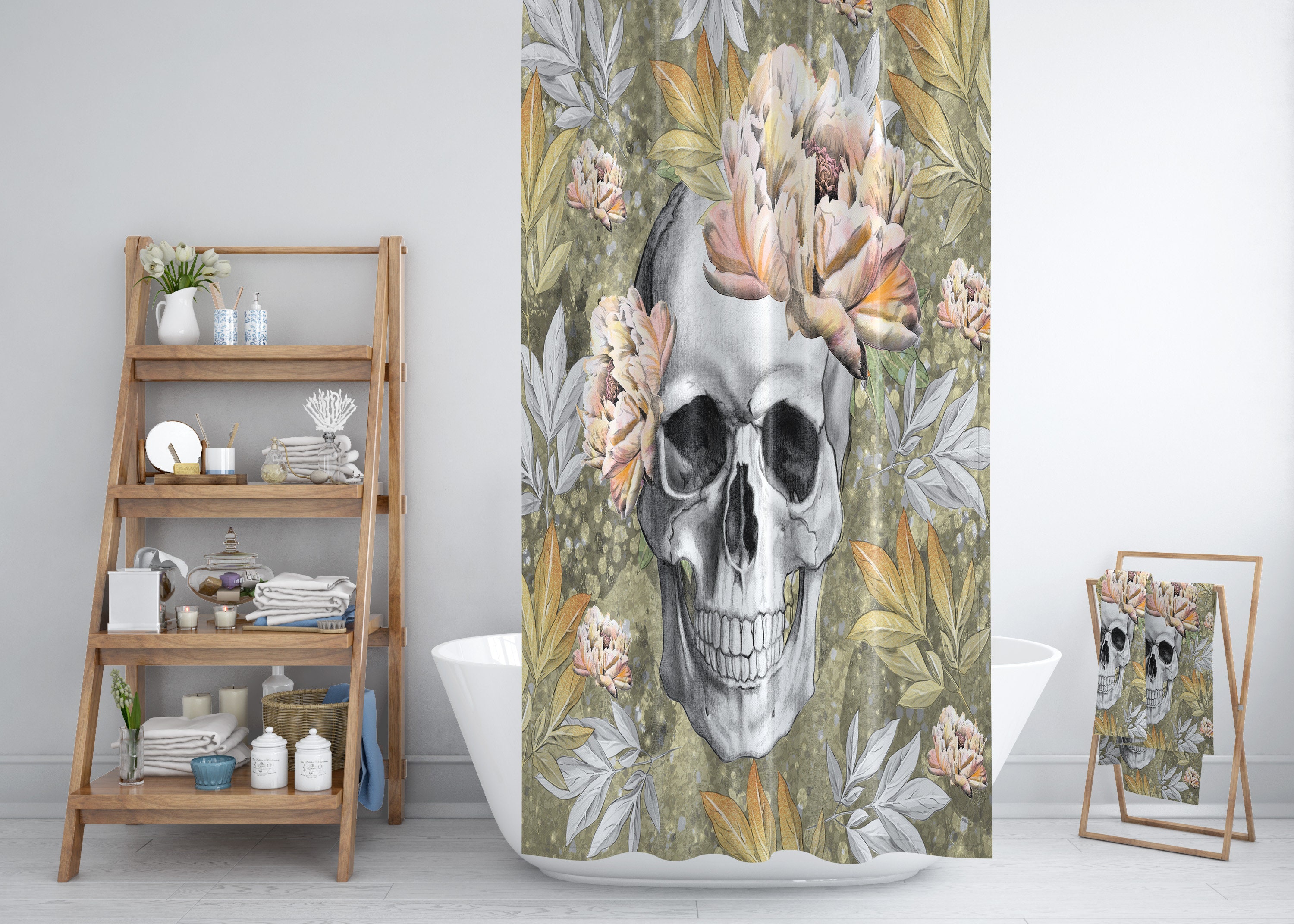 Calavera Floral Skull Shower Curtain - Mexican Bath Curtain with Matching Towels and Mat for Bold Bathroom Decor