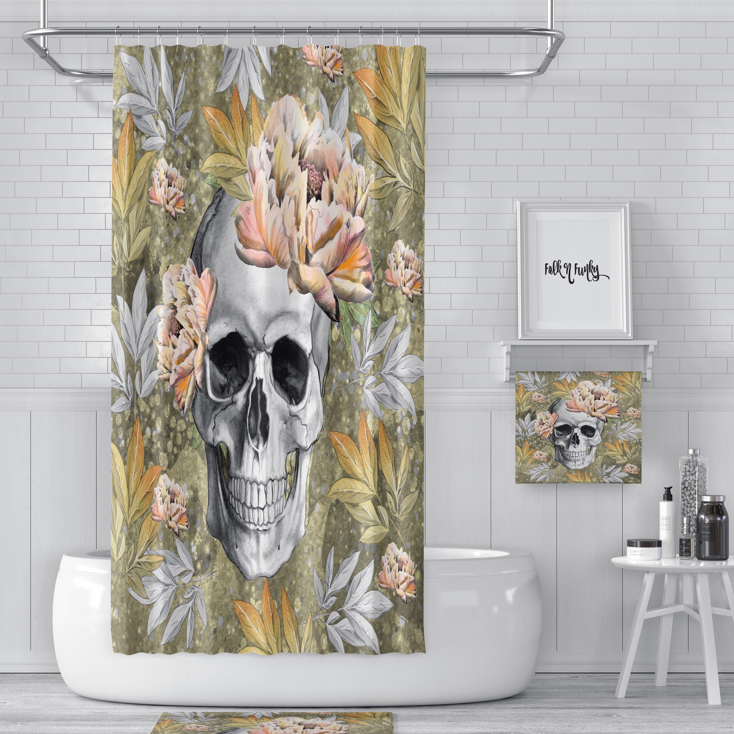 Calavera Floral Skull Shower Curtain - Mexican Bath Curtain with Matching Towels and Mat for Bold Bathroom Decor - Image 2