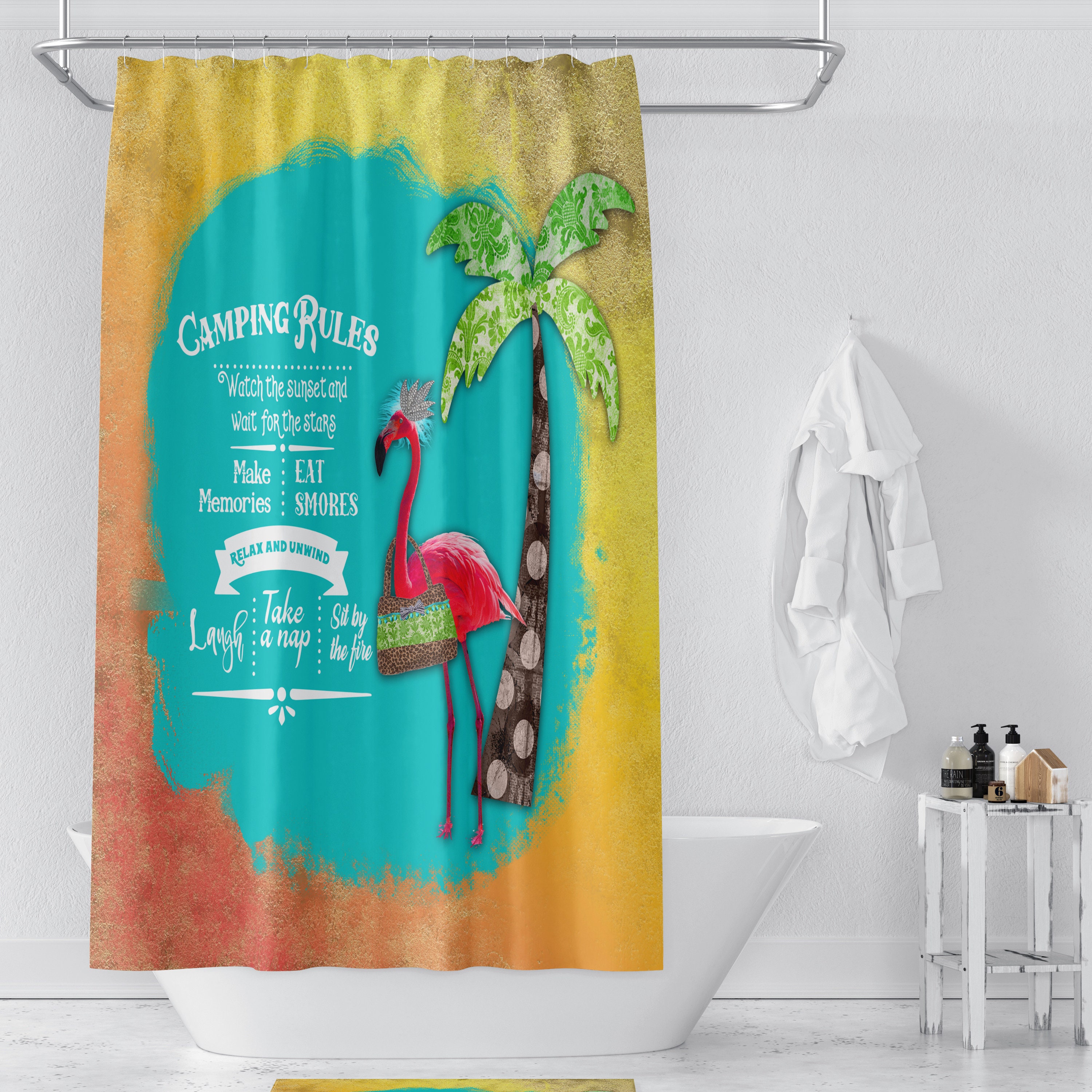 Camping Rules Flamingo Sunset Shower Curtain Set with Vacation Bath Decor - Image 2