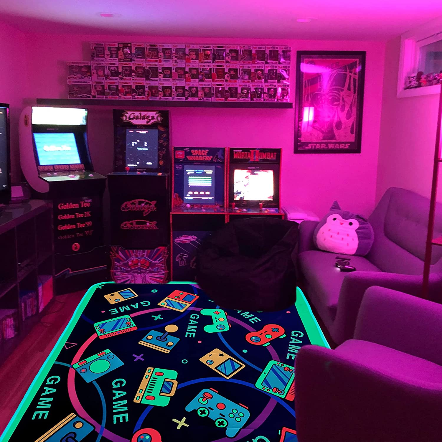 Casual Gaming Area Rug for Kids' Game Room with Blacklight Print and Non-Slip Backing: Enhance Your Home Decor