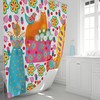 Cats and Birds Shower Curtain, Folk Art Bathroom Decor, Whimsical Bath Curtain