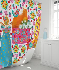 Cats and Birds Shower Curtain, Folk Art Bathroom Decor, Whimsical Bath Curtain