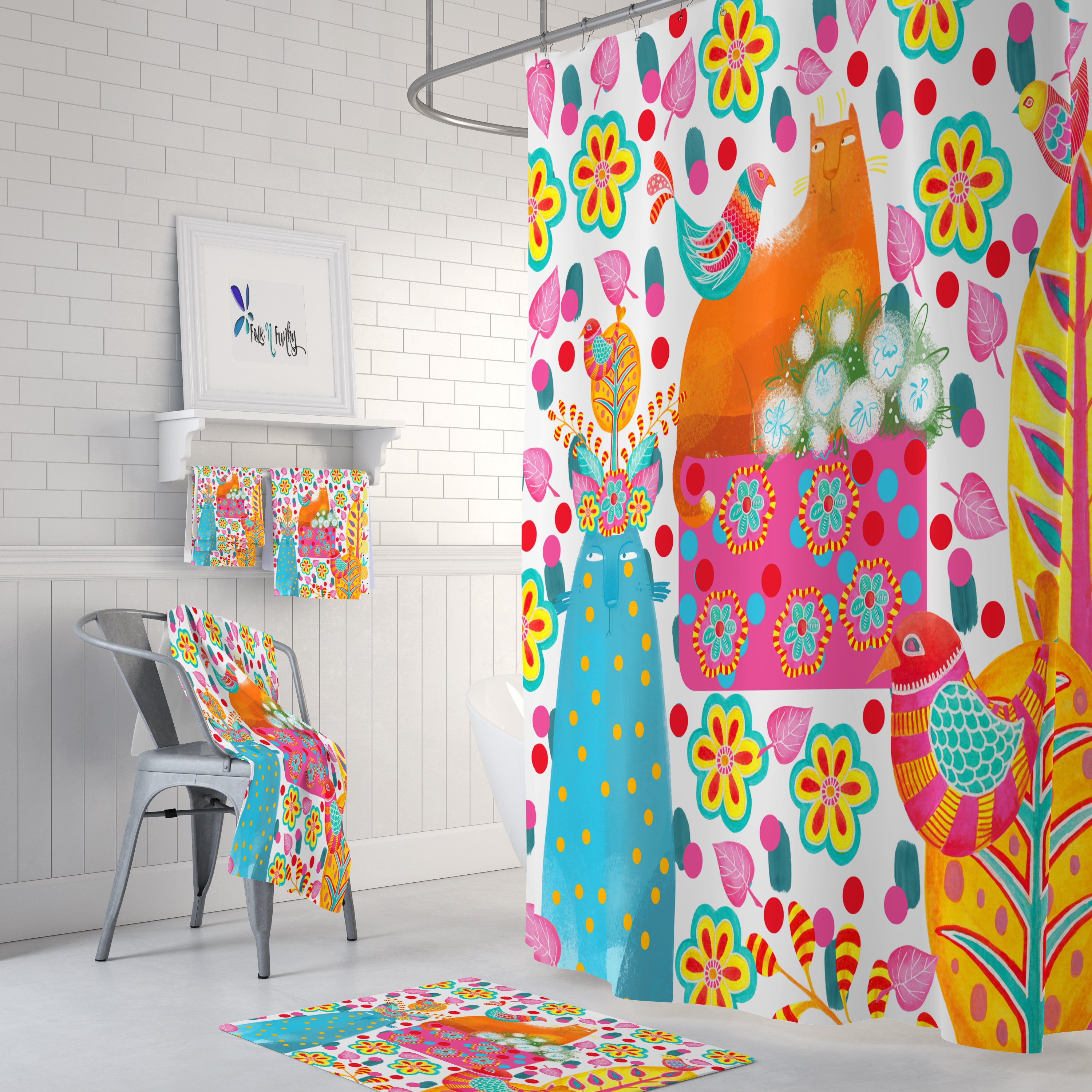 Cats and Birds Shower Curtain, Folk Art Bathroom Decor, Whimsical Bath Curtain - Image 2
