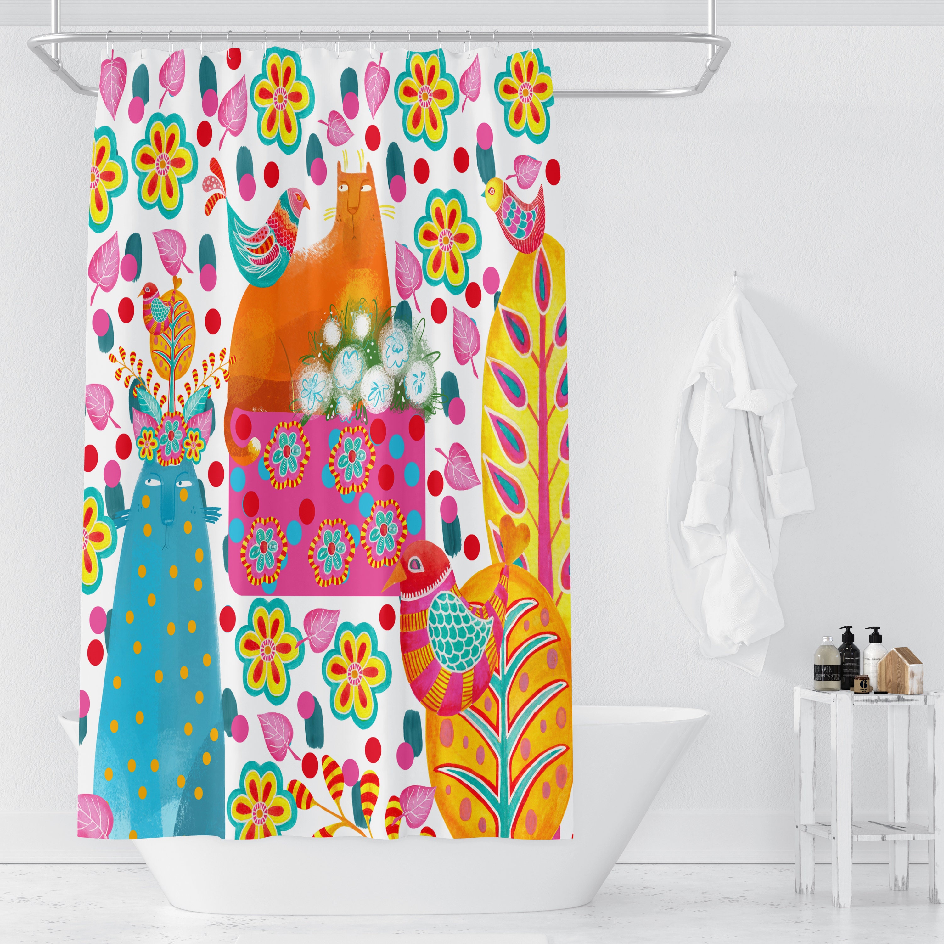 Cats and Birds Shower Curtain, Folk Art Bathroom Decor, Whimsical Bath Curtain - Image 3