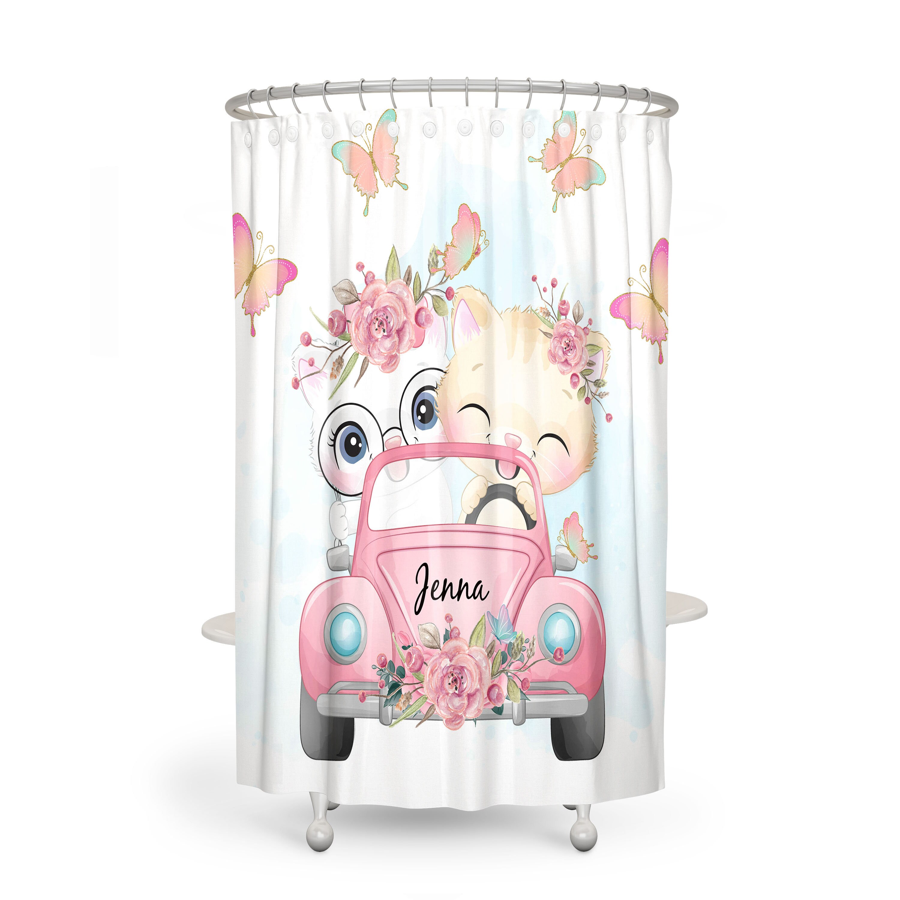 Cats and Butterflies Shower Curtain Set with Humorous Bath Accessories - Image 2