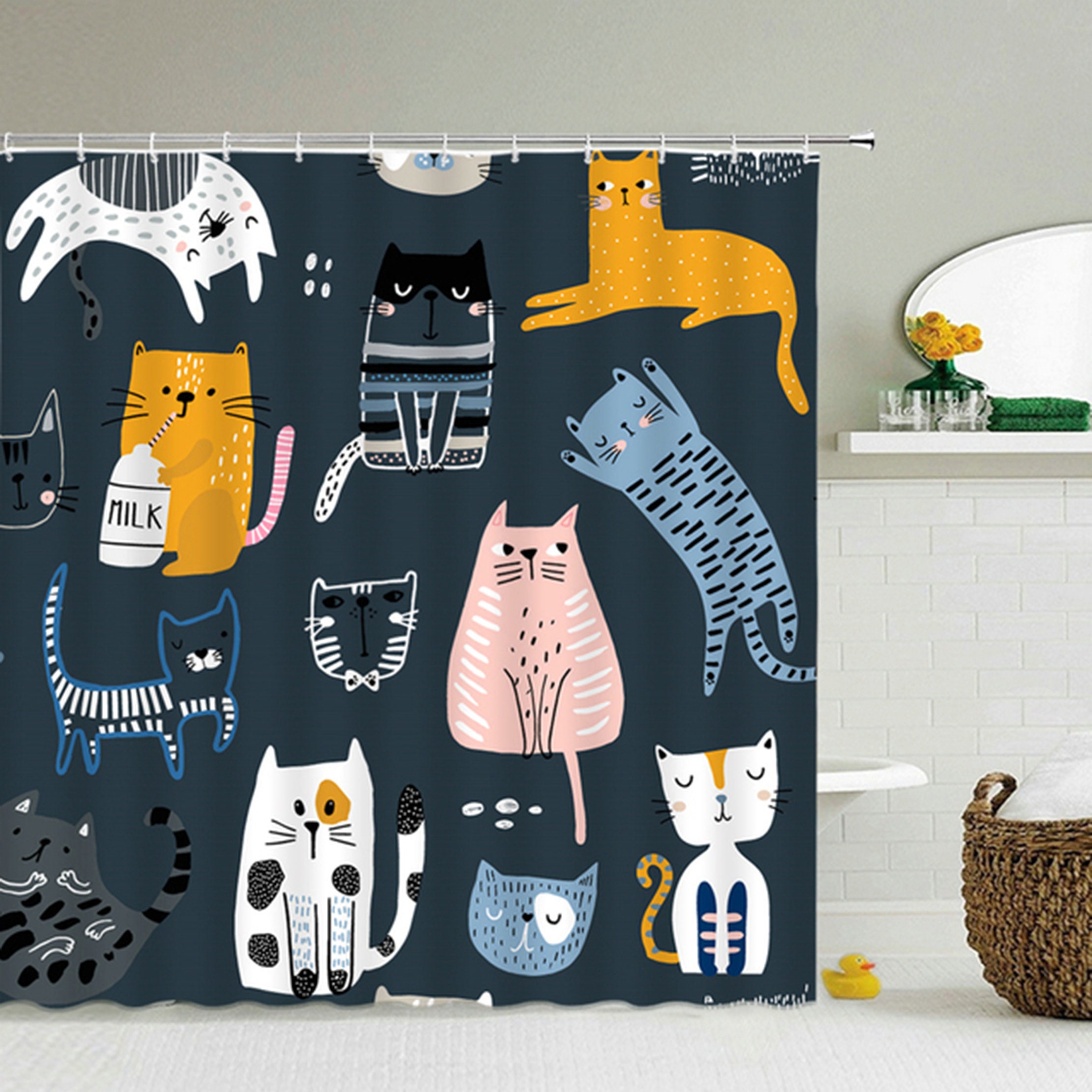 Cats pet animal blue fabric Shower Curtain | Cute cat shower | Home bathroom Decor