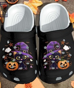 Celebrate Halloween with the Black Cat and Pumpkin Crocs Crocband Clogs Shoes