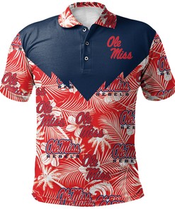 Celebrate Your Love of Flowers with the NCAA Ole Miss Rebels Red Tropical Flowers Blue Polo Shirt with Breathable Fabric