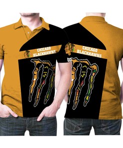 Celebrate the Chicago Blackhawks with this Monster Energy NHL ice hockey team logo polo shirt featuring 3D design.