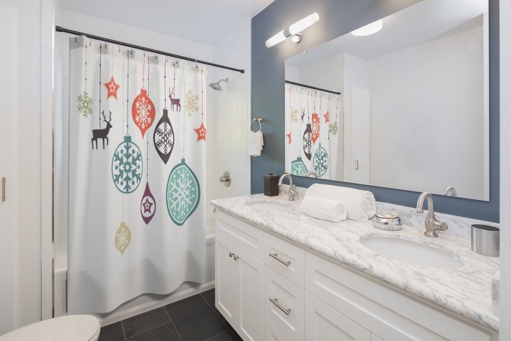 Celebrate the holidays with this Christmas Holiday Ornament Shower Curtain - Image 2