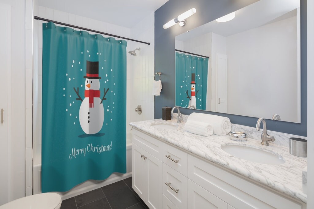 Celebrate the holidays with this Christmas Holiday Snowman Shower Curtain - Image 2