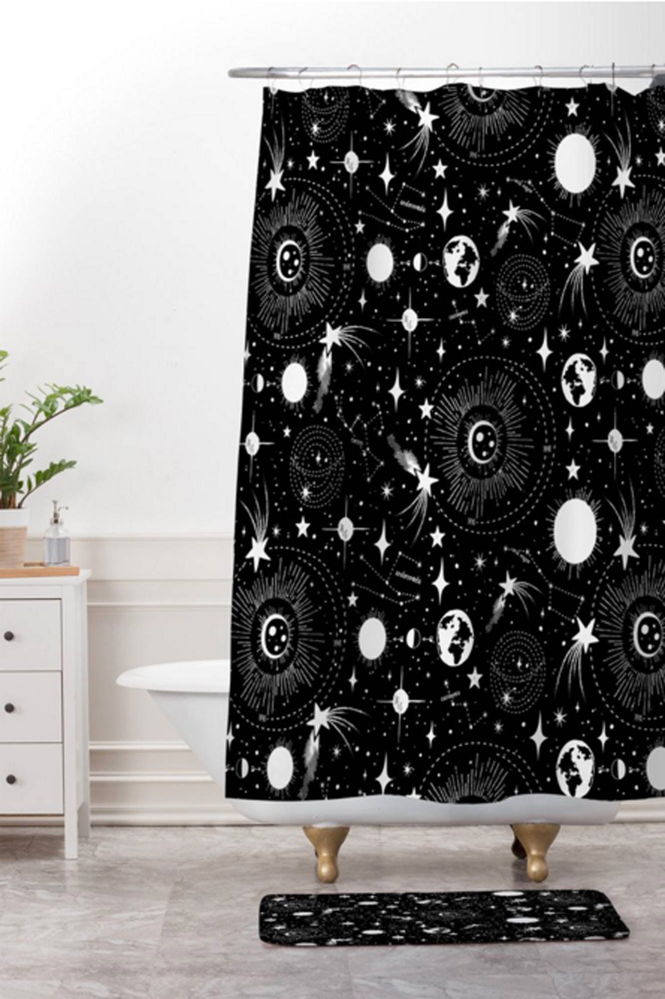 Celestial Black and White Shower Curtain with Outerspace Theme for a Unique Bathroom
