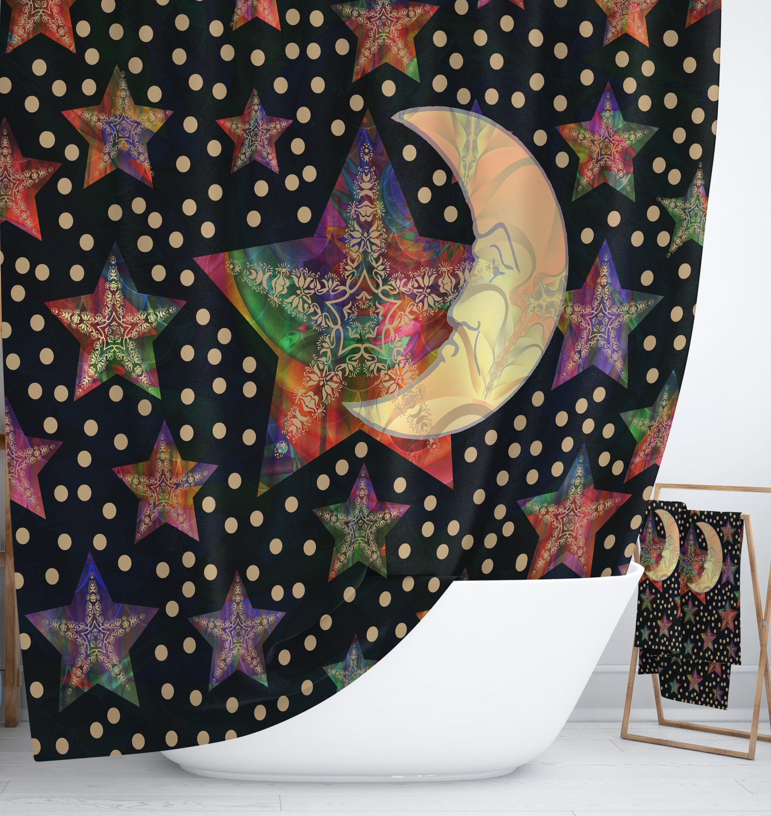 Celestial Boho Shower Curtain with Good Moon Design for Peaceful Bathroom Decor