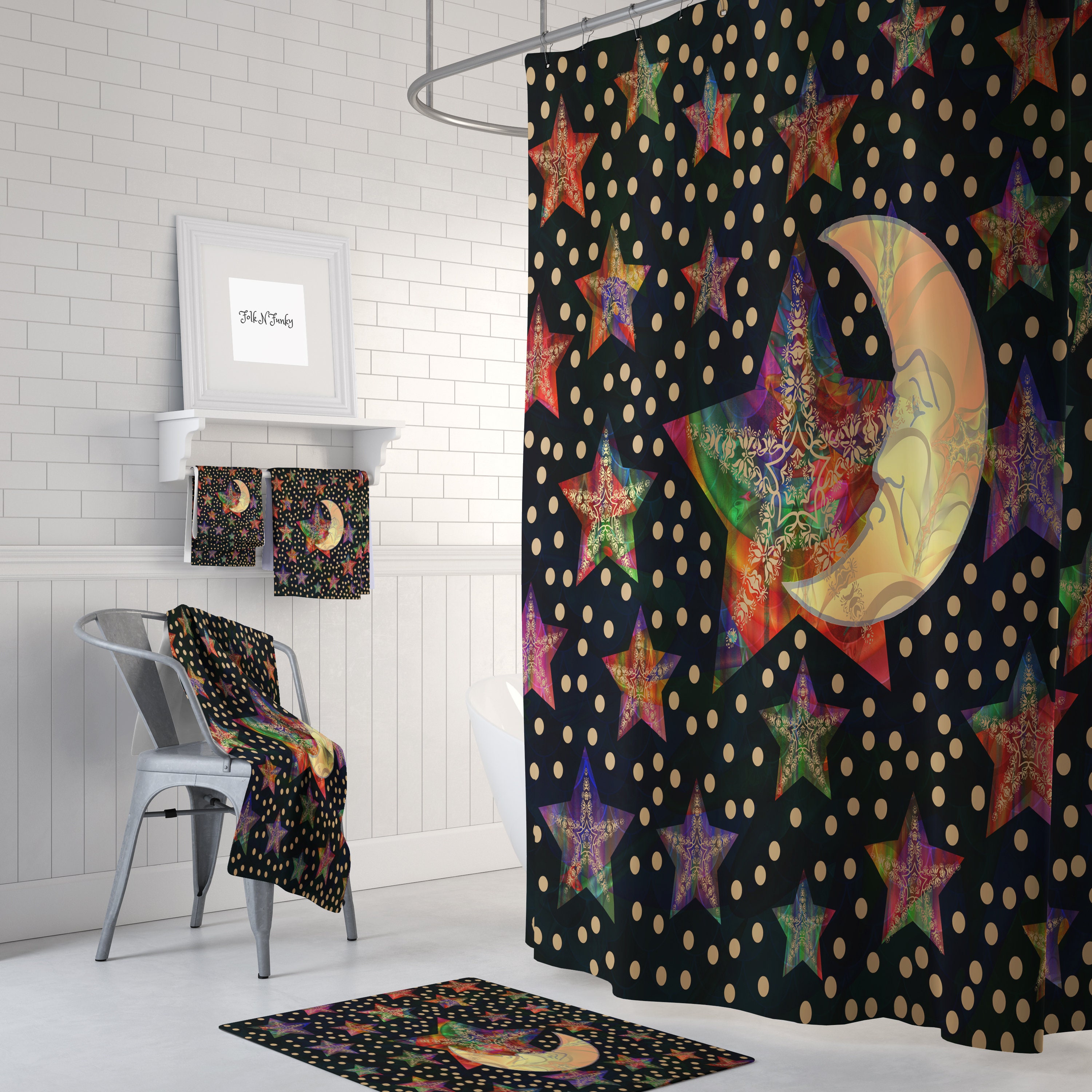 Celestial Boho Shower Curtain with Good Moon Design for Peaceful Bathroom Decor - Image 2