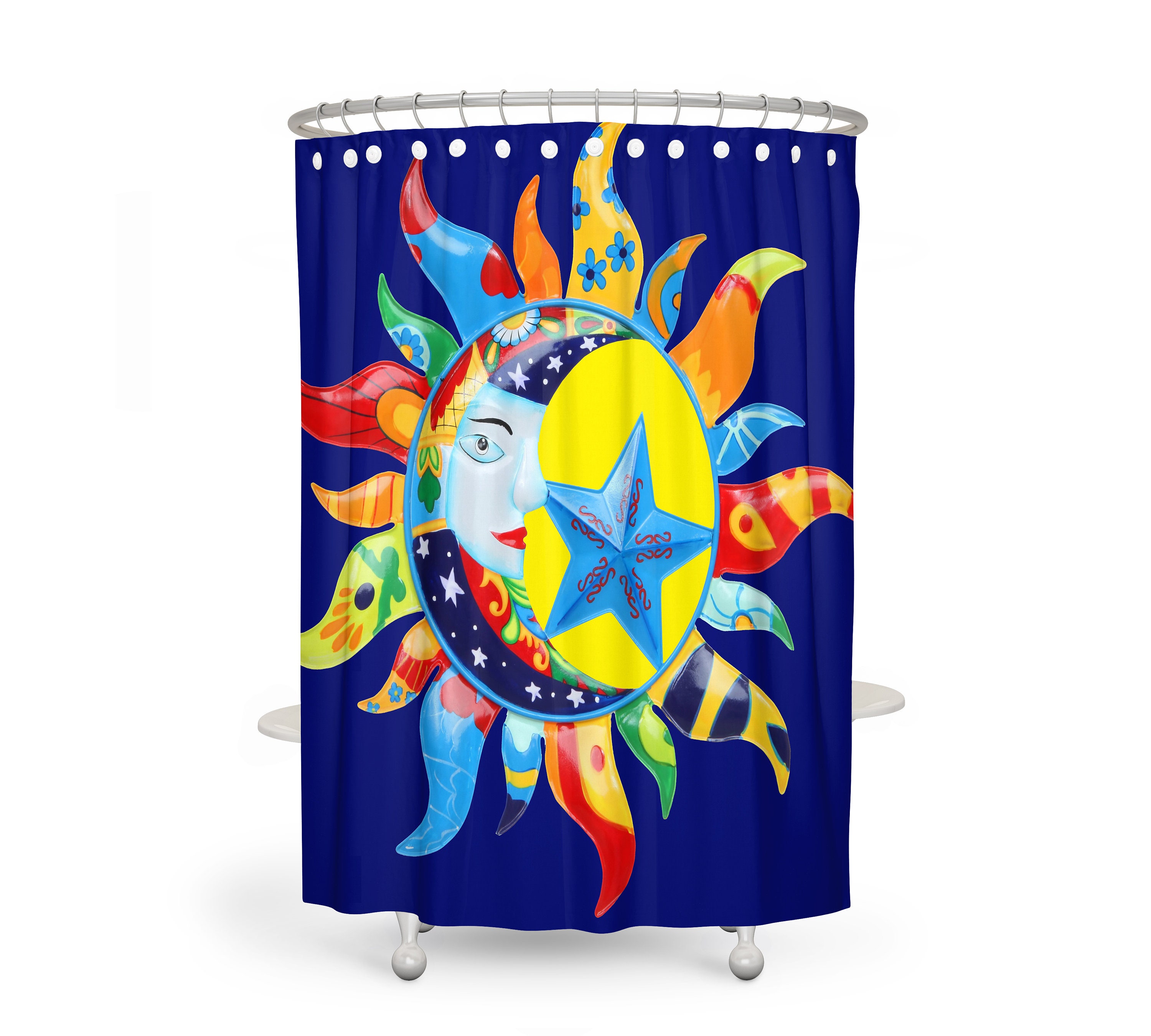 Celestial Sun and Moon Boho Shower Curtain Optional Bath Mat Bathroom Fiesta of Colors - Image 2