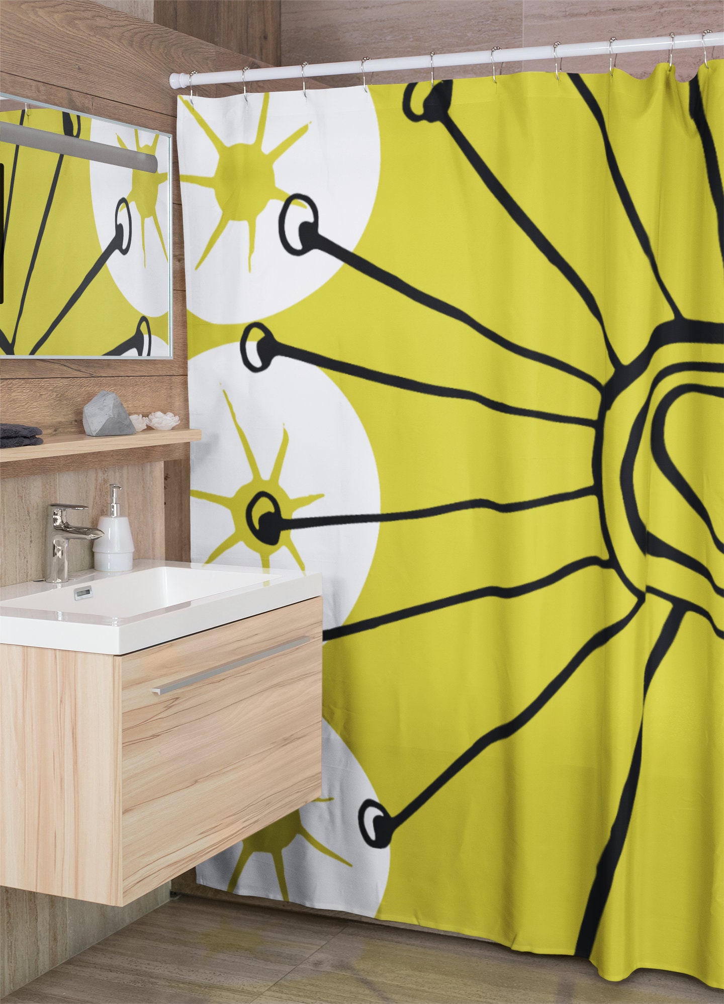 Chartreuse Black and White Retro Shower Curtain, Mid Century Modern Bathroom Accessory for Christmas Gift