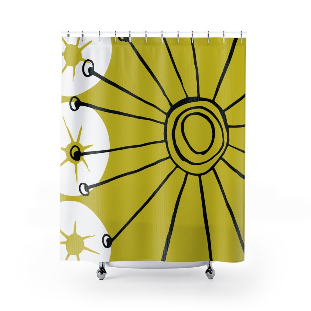 Chartreuse Black and White Retro Shower Curtain, Mid Century Modern Bathroom Accessory for Christmas Gift - Image 2