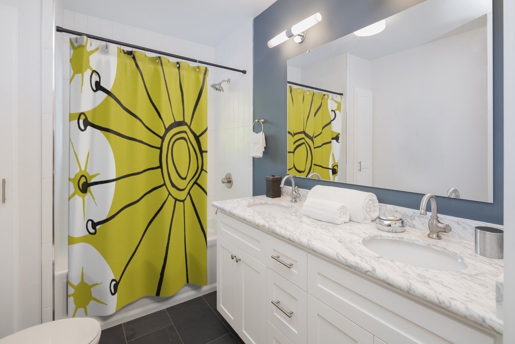 Chartreuse Black and White Retro Shower Curtain, Mid Century Modern Bathroom Accessory for Christmas Gift - Image 3