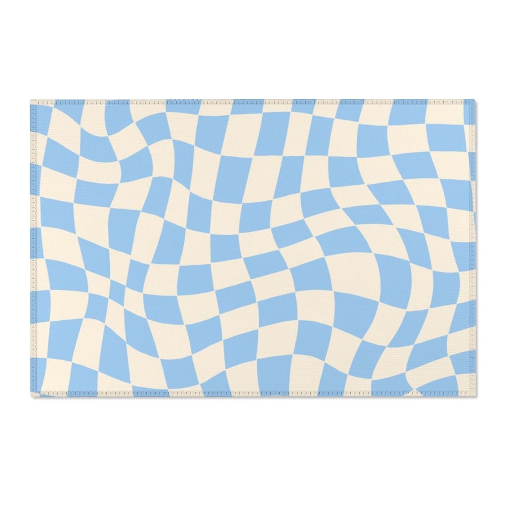 Checkered Blue Pastel Retro Rug with Non-Slip Floor Mat for Soft Living Room or Kids Room Decor