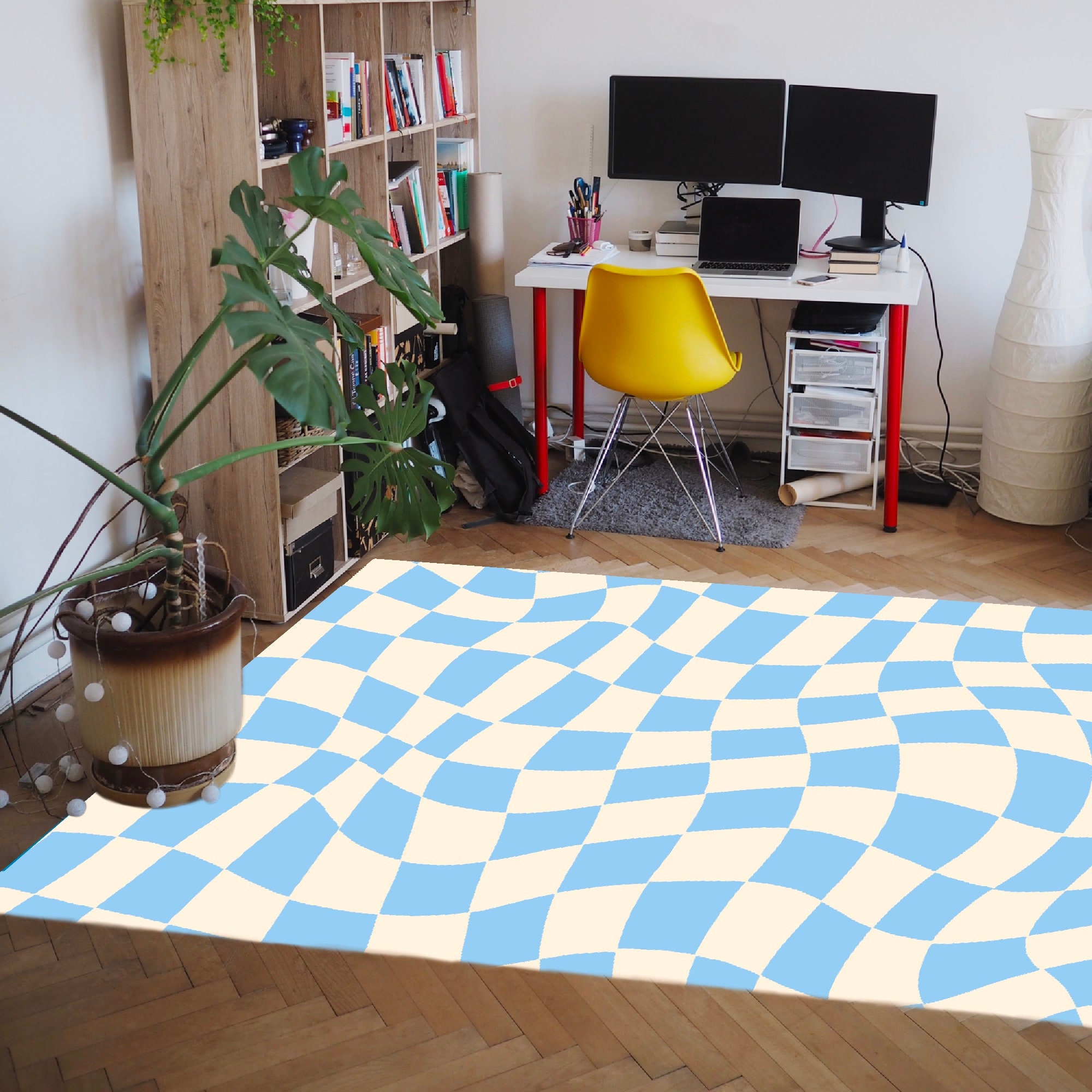 Checkered Blue Pastel Retro Rug with Non-Slip Floor Mat for Soft Living Room or Kids Room Decor - Image 2