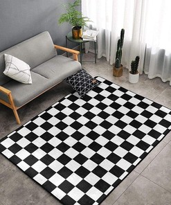 Checkered Flag Racing Black and White Non-Slip Kids Area Rug for Home Decor with Racing-inspired Design