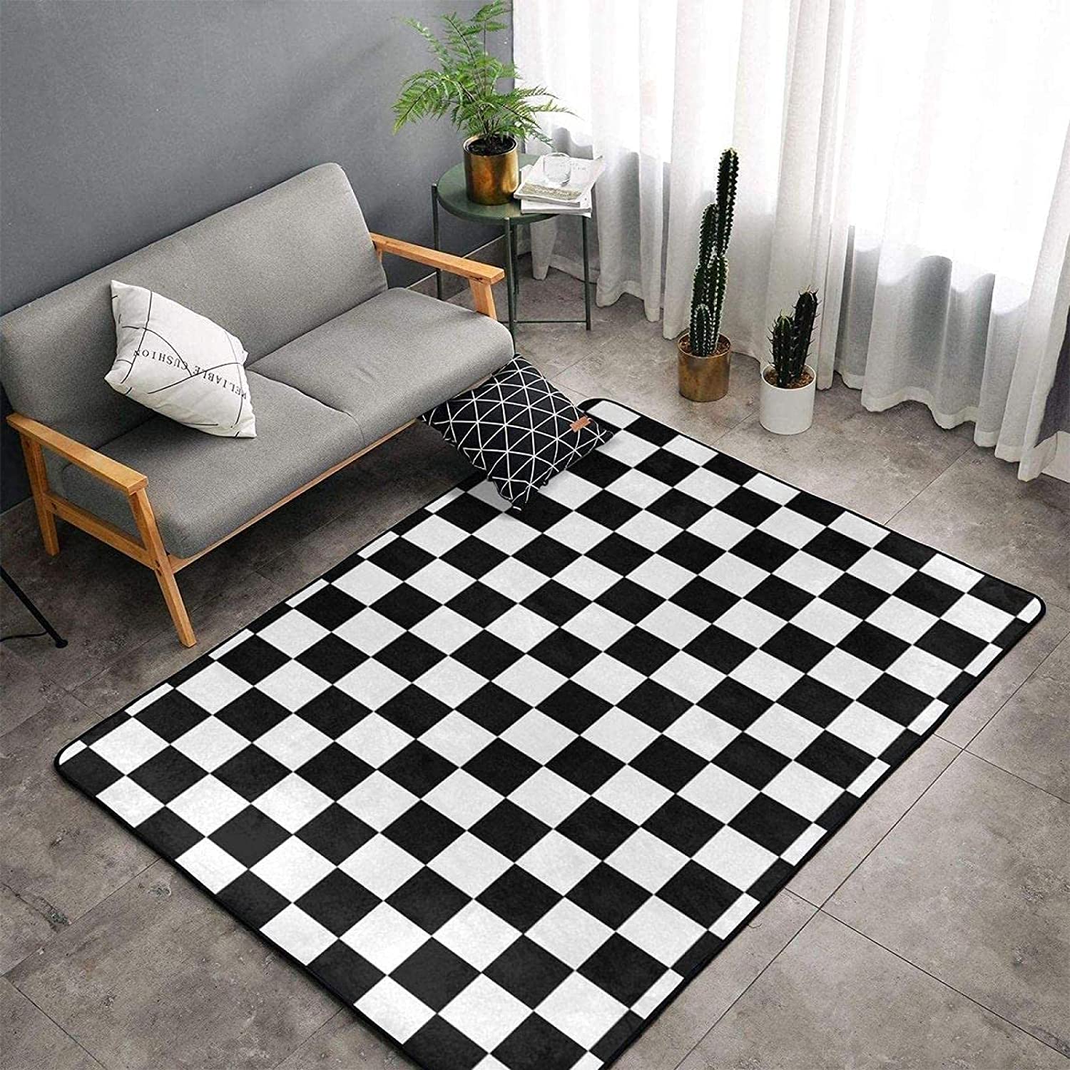 Checkered Flag Racing Black and White Non-Slip Kids Area Rug for Home Decor with Racing-inspired Design