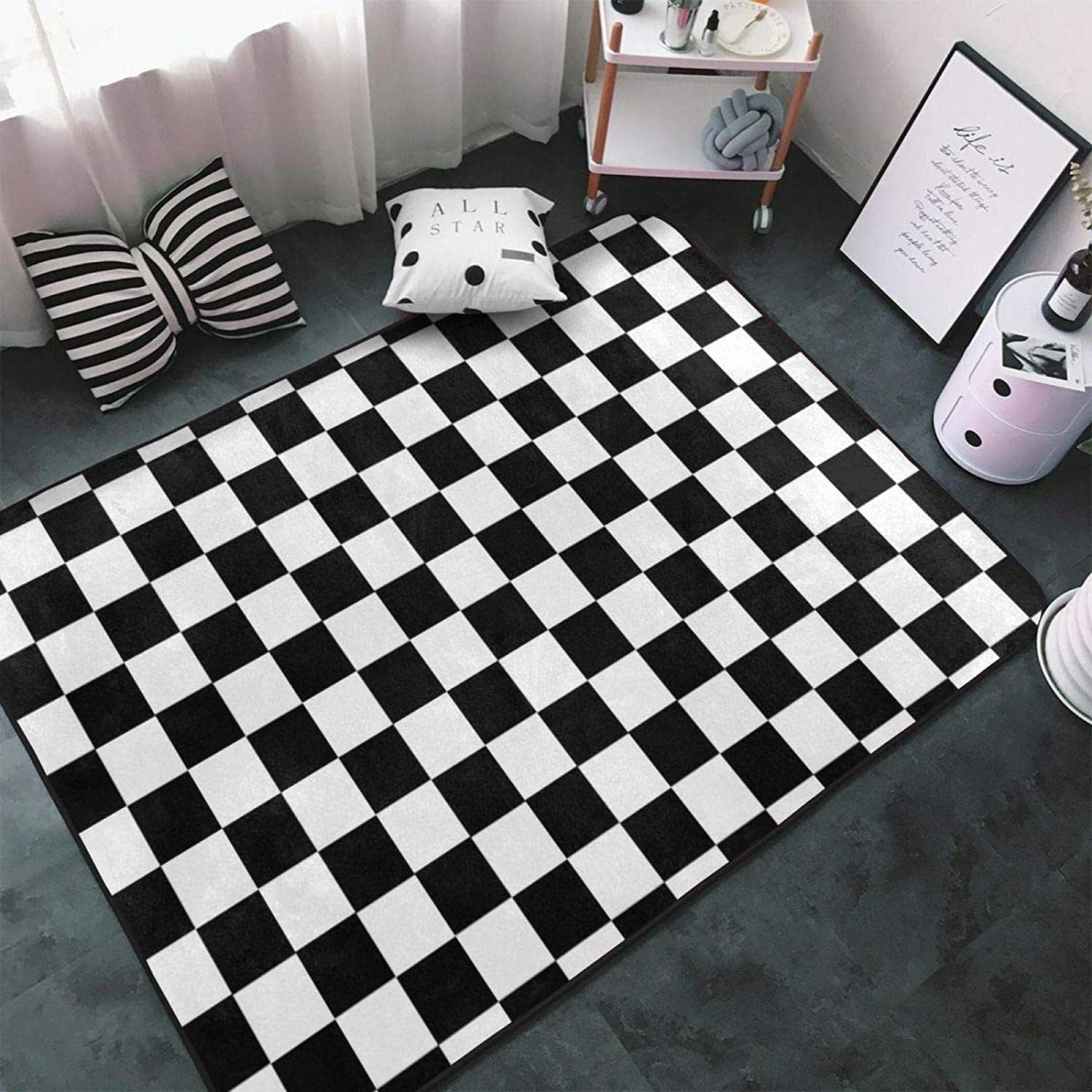 Checkered Flag Racing Black and White Non-Slip Kids Area Rug for Home Decor with Racing-inspired Design - Image 2