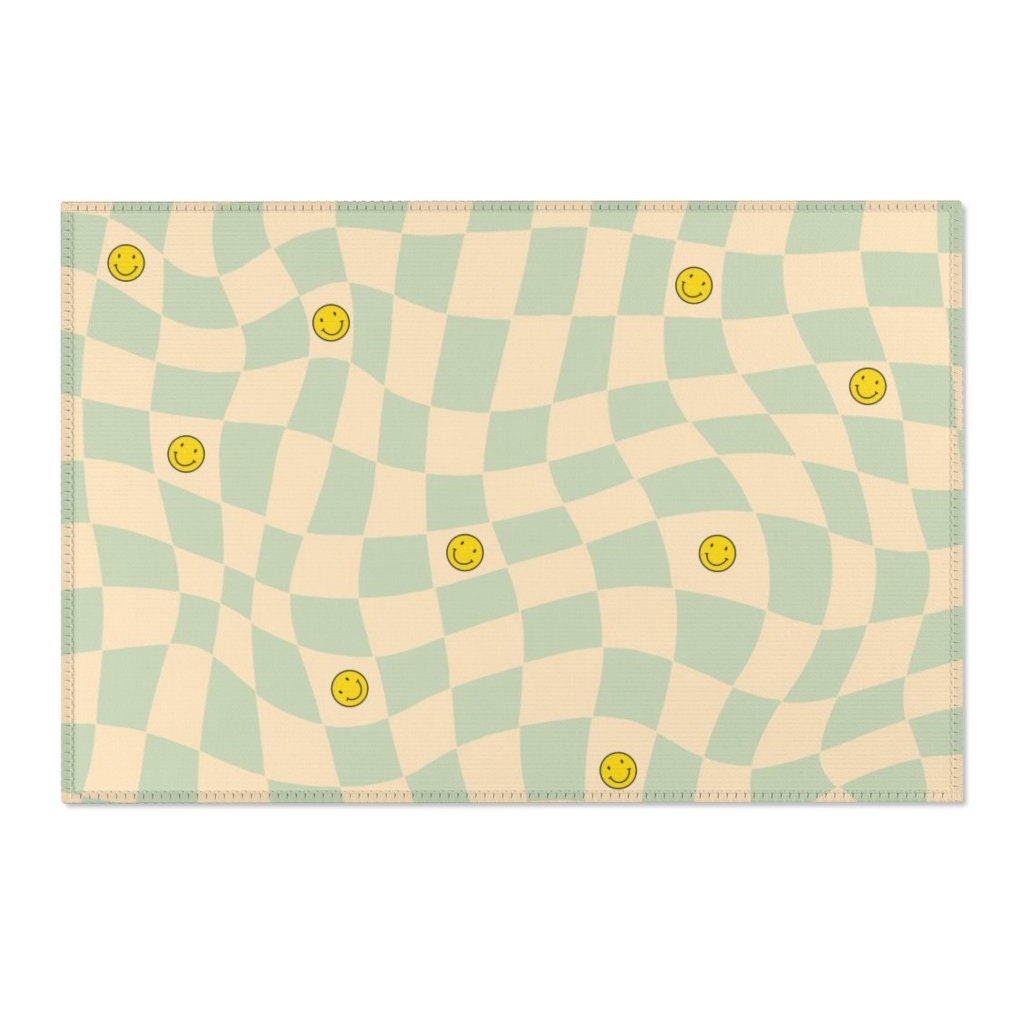Checkered Pattern and Smiley Face Green Pastel Area Rug for Bedroom and Living Room Decor