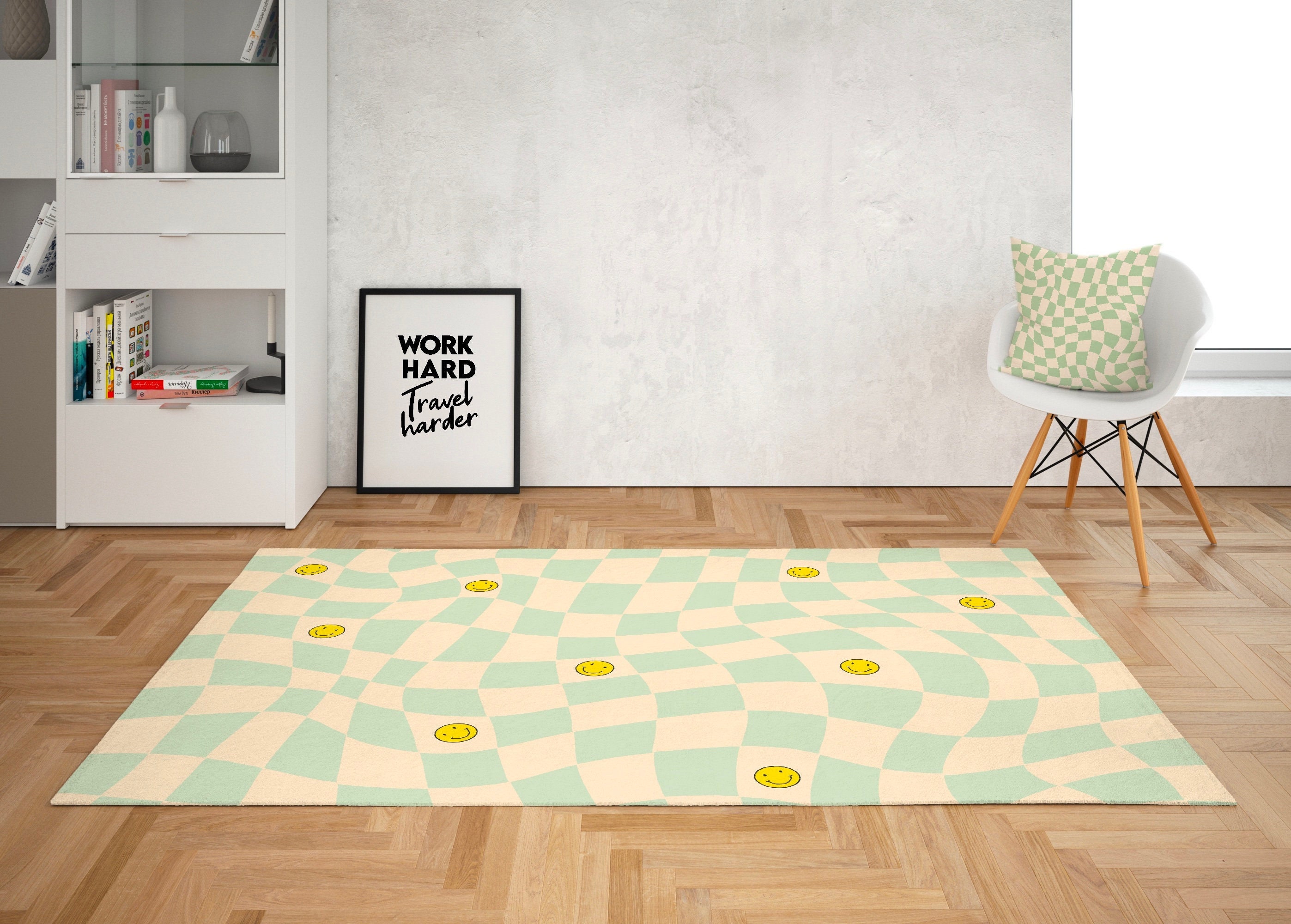 Checkered Pattern and Smiley Face Green Pastel Area Rug for Bedroom and Living Room Decor - Image 2