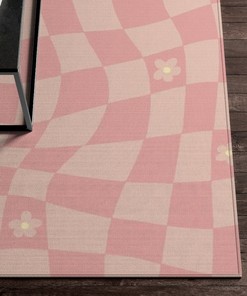 Checkered Pink Pastel Aesthetic Rug with Non-Slip Floor Mat for Soft Living Room or Kids Room Decor