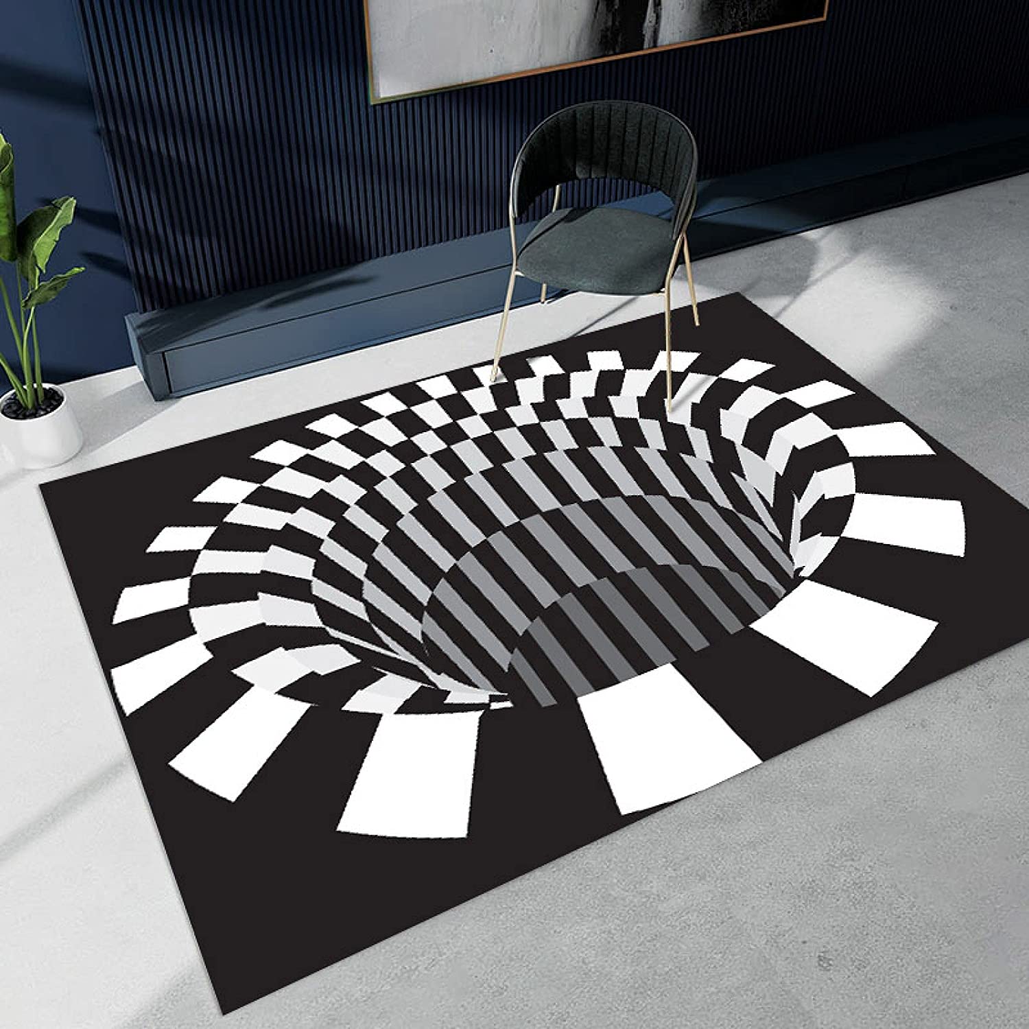 Checkered Vortex Optical Illusions Rug with Non-Slip Bottomless Hole Optical Illusion Area Rug Bedroom Decor